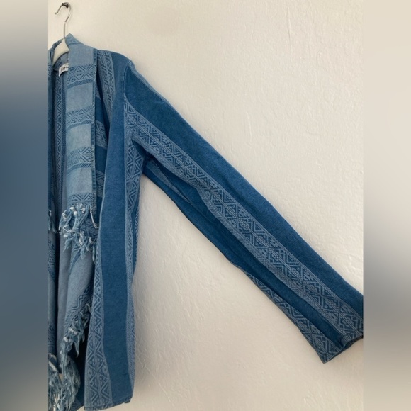 Military Hippie Fringe Denim Open Front Boho Lagenlook Southwestern Jacket S/M - Picture 4 of 9